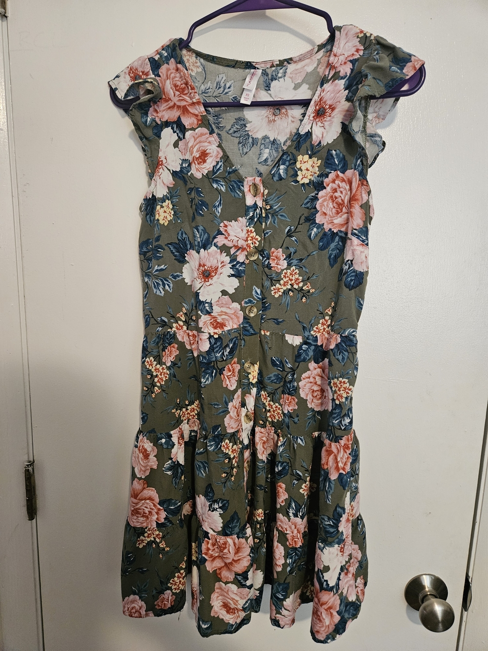 Xhilaration Olive Floral Midi Dress with Pink & Blue Flowers